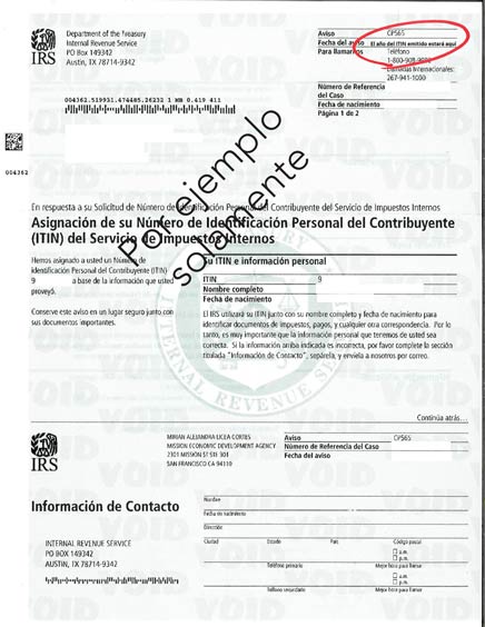 Ejemplo de la carta CP565 del IRS: su ITIN y sus declaraciones son los papeles que hablan por usted