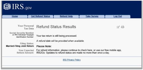 Resultado de la herramienta del IRS indicando que la declaración todavía está en proceso